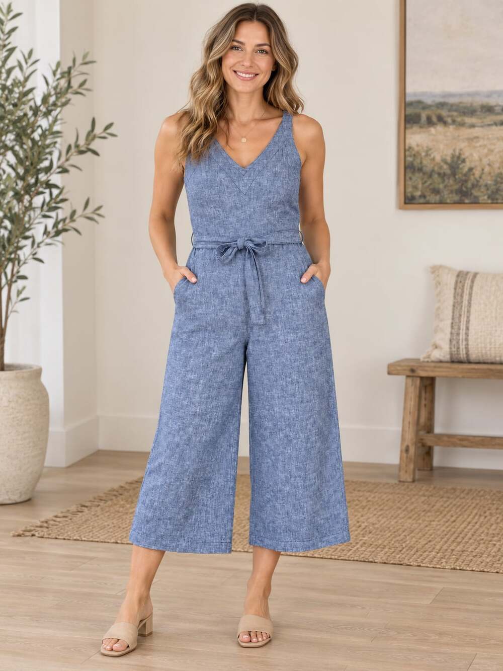 Joe Fresh Jumpsuit Blue Sleeveless V Neck Belted Cropped Wide Leg XS
